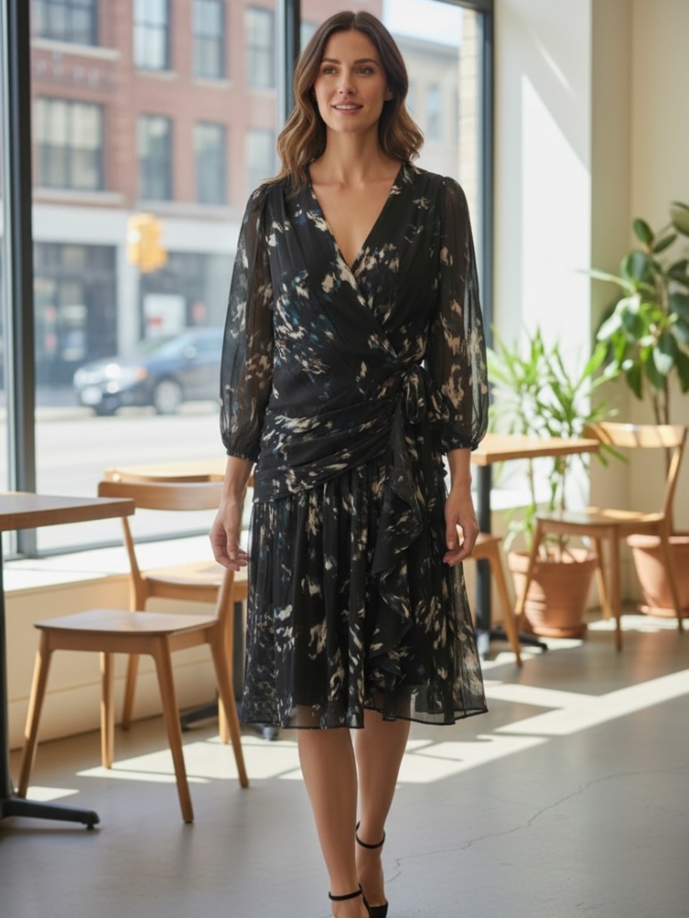 NWT DKNY Black Floral Faux Wrap Chiffon Dress Size 10